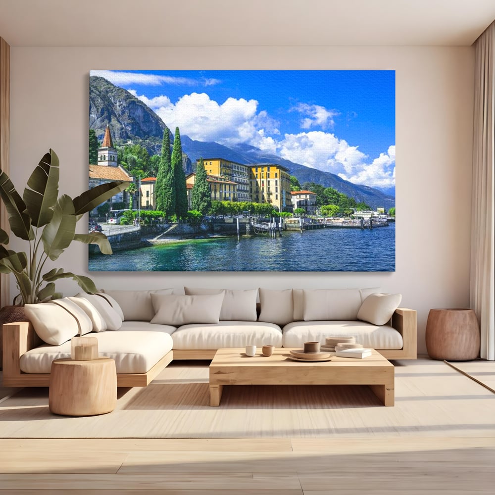Tablou canvas cu peisaj urban pe malul lacului, fara rama, pe sasiu de lemn, pe perete intr-un living
